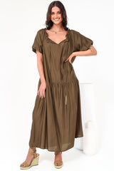 Cristina Maxi Dress - On or Off Shoulder Tiered Shift Dress with Neck Tie Detail in Tan