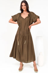 Cristina Maxi Dress - On or Off Shoulder Tiered Shift Dress with Neck Tie Detail in Tan
