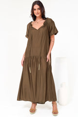 Cristina Maxi Dress - On or Off Shoulder Tiered Shift Dress with Neck Tie Detail in Tan