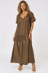 Cristina Maxi Dress - On or Off Shoulder Tiered Shift Dress with Neck Tie Detail in Tan