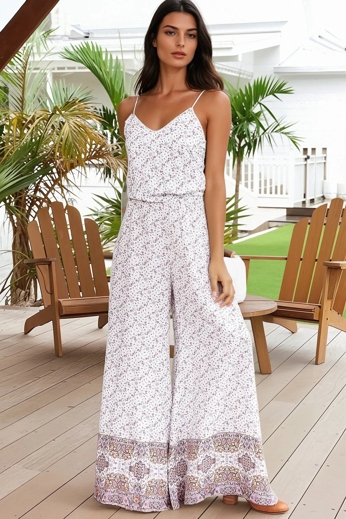 JAASE - Crystal Jumpsuit: V Neck Spaghetti Strap Jumpsuit in Lulu Print