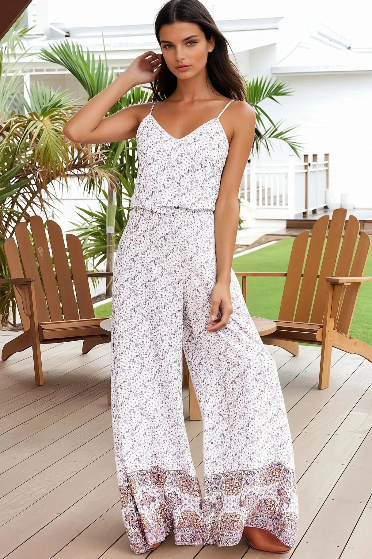 JAASE - Crystal Jumpsuit: V Neck Spaghetti Strap Jumpsuit in Lulu Print