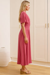 Cyan Midi Dress  - V Neckline Dress in Wine