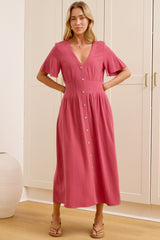 Cyan Midi Dress  - V Neckline Dress in Wine
