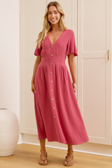 Cyan Midi Dress  - V Neckline Dress in Wine