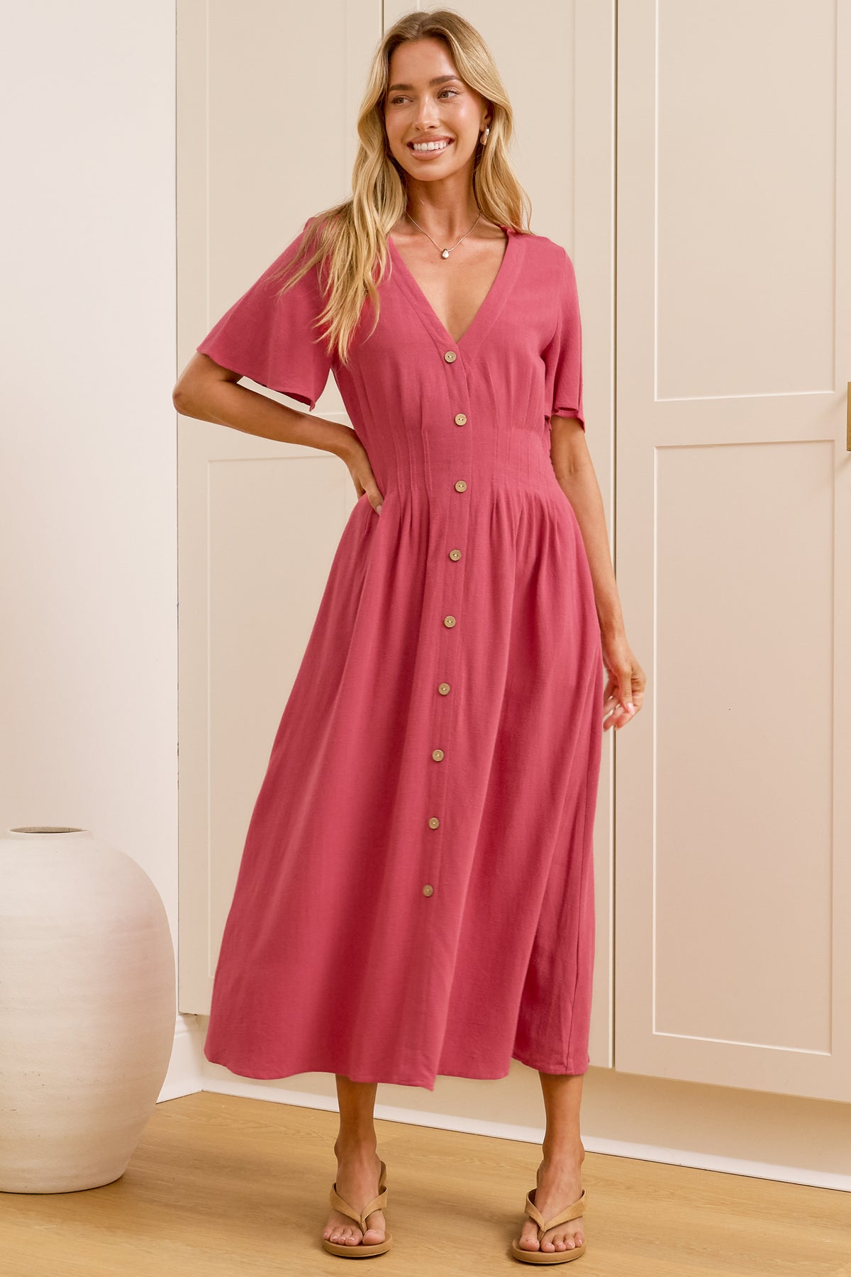 Cyan Midi Dress  - V Neckline Dress in Wine