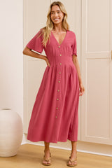 Cyan Midi Dress  - V Neckline Dress in Wine