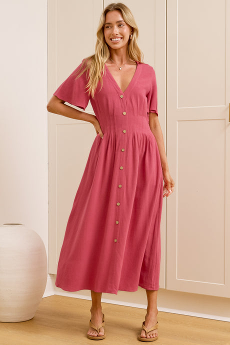 Cyan Midi Dress  - V Neckline Dress in Wine