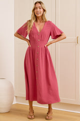 Cyan Midi Dress  - V Neckline Dress in Wine