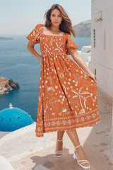 Shira Midi Dress - On Or Off Shoulder Elasticated Bodice Dress With Short Balloon Sleeves In Embry Print Orange