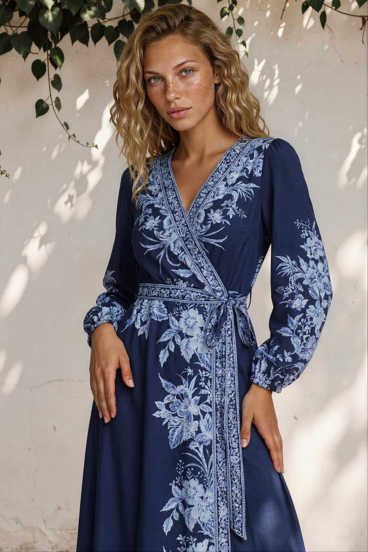 Carindi Midi Dress - V Neck Wrap Dress with Long Balloon Sleeves in Breakwater Print