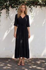 Kiaba Maxi Dress - V-Neck Buttoned Bodice 3/4 Sleeve A-Line Dress with Lace Inserts in Black