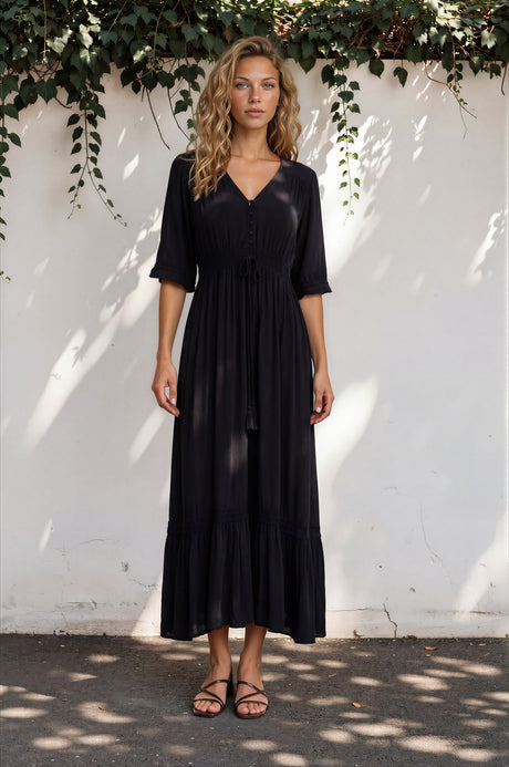 Kiaba Maxi Dress - V-Neck Buttoned Bodice 3/4 Sleeve A-Line Dress with Lace Inserts in Black