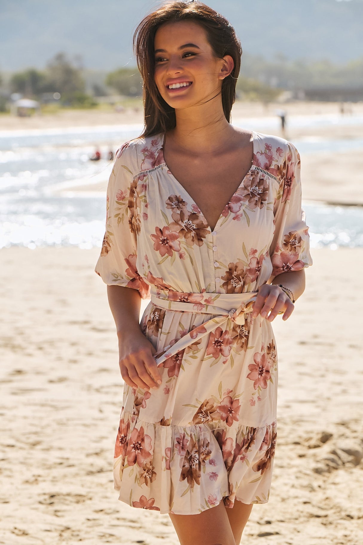 JAASE - Dahlia 3/4 Sleeve Mini Dress: V Neck Tiered Dress with Matching Belt in Love Story Print