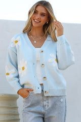Daisy Belle Cardigan - Cropped Thick Knit Cardigan with Flower Decals in Baby Blue