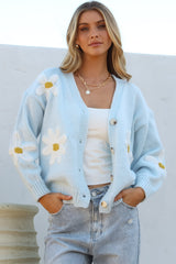 Daisy Belle Cardigan - Cropped Thick Knit Cardigan with Flower Decals in Baby Blue