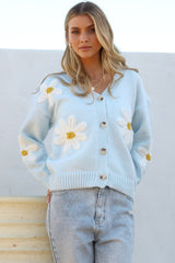 Daisy Belle Cardigan - Cropped Thick Knit Cardigan with Flower Decals in Baby Blue