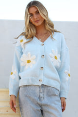 Daisy Belle Cardigan - Cropped Thick Knit Cardigan with Flower Decals in Baby Blue