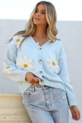 Daisy Belle Cardigan - Cropped Thick Knit Cardigan with Flower Decals in Baby Blue