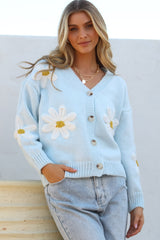Daisy Belle Cardigan - Cropped Thick Knit Cardigan with Flower Decals in Baby Blue