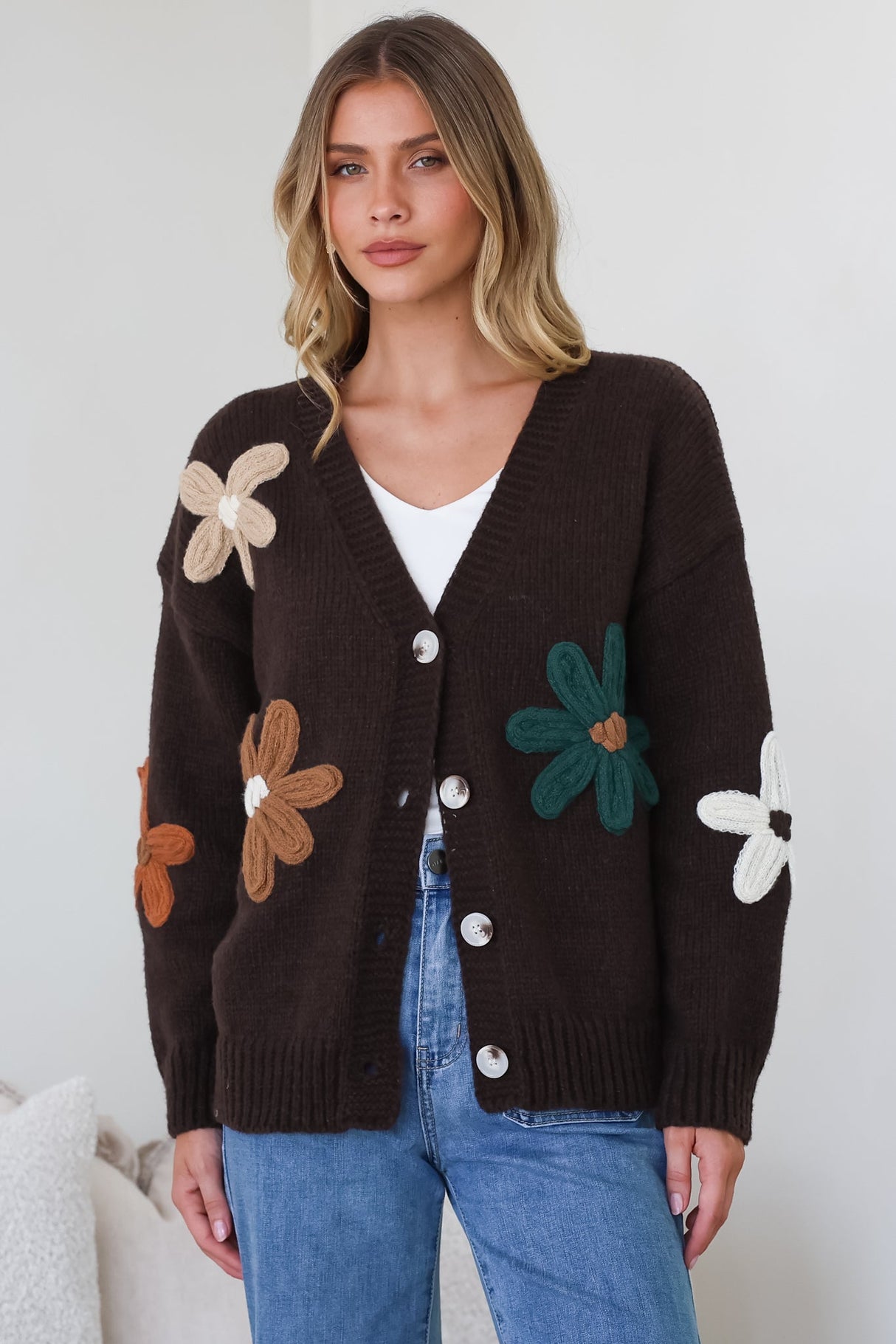 Daisy Belle Cardigan - Cropped Thick Knit Cardigan with Flower Decals in Chocolate Multi