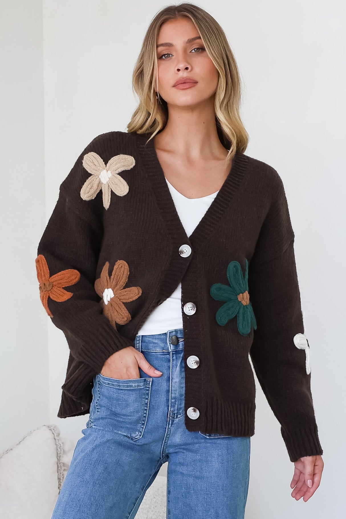 Model wearing Daisy Belle Cardigan in Chocolate Multi from Salty Crush