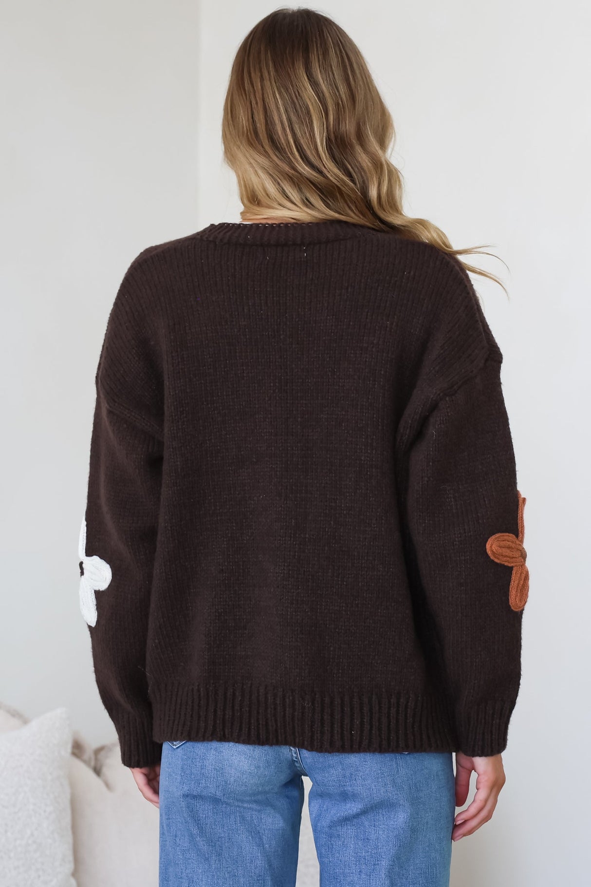 Daisy Belle Cardigan - Cropped Thick Knit Cardigan with Flower Decals in Chocolate Multi