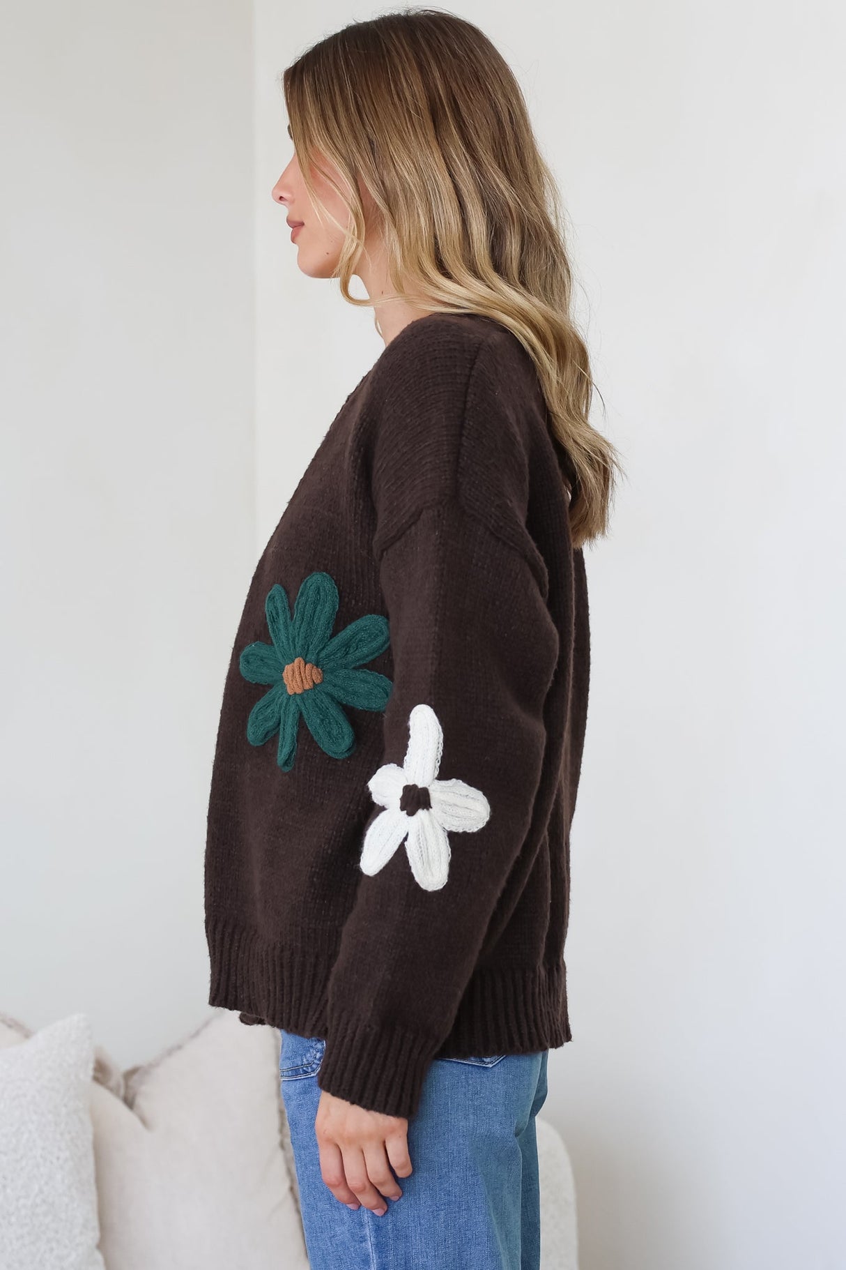 Daisy Belle Cardigan - Cropped Thick Knit Cardigan with Flower Decals in Chocolate Multi