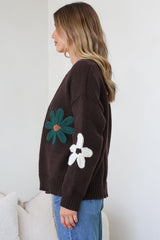 Daisy Belle Cardigan - Cropped Thick Knit Cardigan with Flower Decals in Chocolate Multi