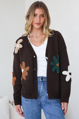 Daisy Belle Cardigan - Cropped Thick Knit Cardigan with Flower Decals in Chocolate Multi