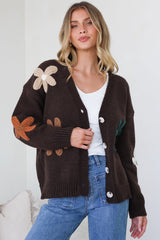 Daisy Belle Cardigan - Cropped Thick Knit Cardigan with Flower Decals in Chocolate Multi