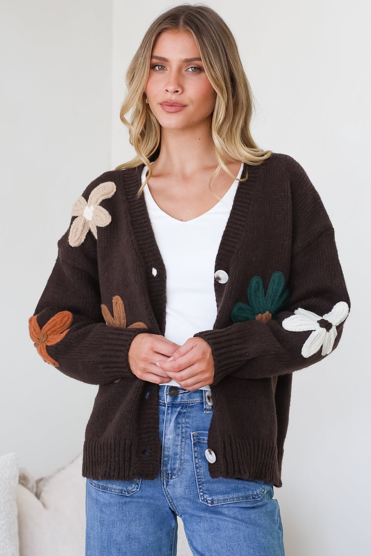 Daisy Belle Cardigan - Cropped Thick Knit Cardigan with Flower Decals in Chocolate Multi