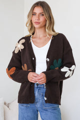 Daisy Belle Cardigan - Cropped Thick Knit Cardigan with Flower Decals in Chocolate Multi