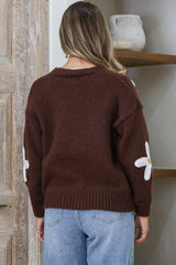 Daisy Belle Cardigan - Cropped Thick Knit Cardigan with Flower Decals in Coffee