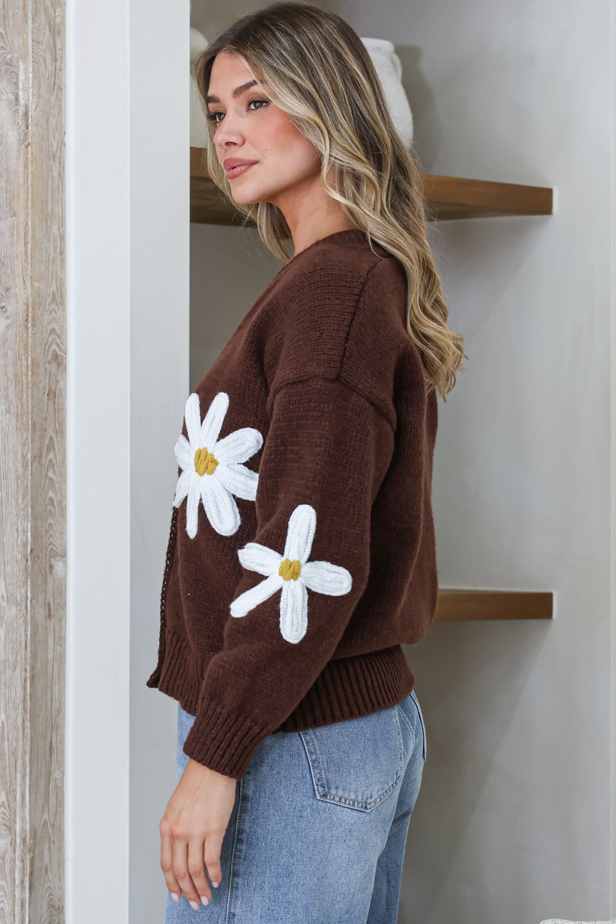 Daisy Belle Cardigan - Cropped Thick Knit Cardigan with Flower Decals in Coffee