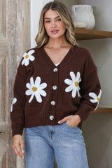 Daisy Belle Cardigan - Cropped Thick Knit Cardigan with Flower Decals in Coffee