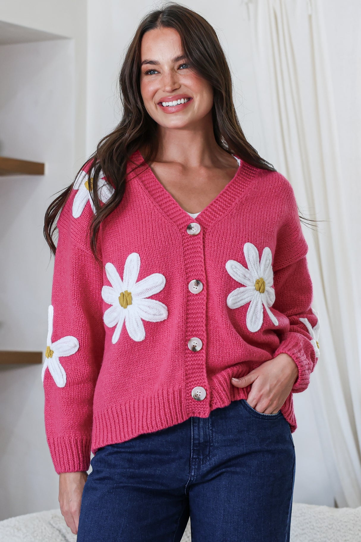Model wearing Daisy Belle Cardigan in Hot Pink from Salty Crush
