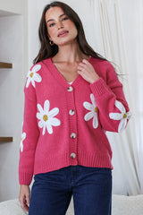 Daisy Belle Cardigan - Cropped Thick Knit Cardigan with Flower Decals in Hot Pink