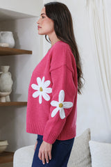Daisy Belle Cardigan - Cropped Thick Knit Cardigan with Flower Decals in Hot Pink