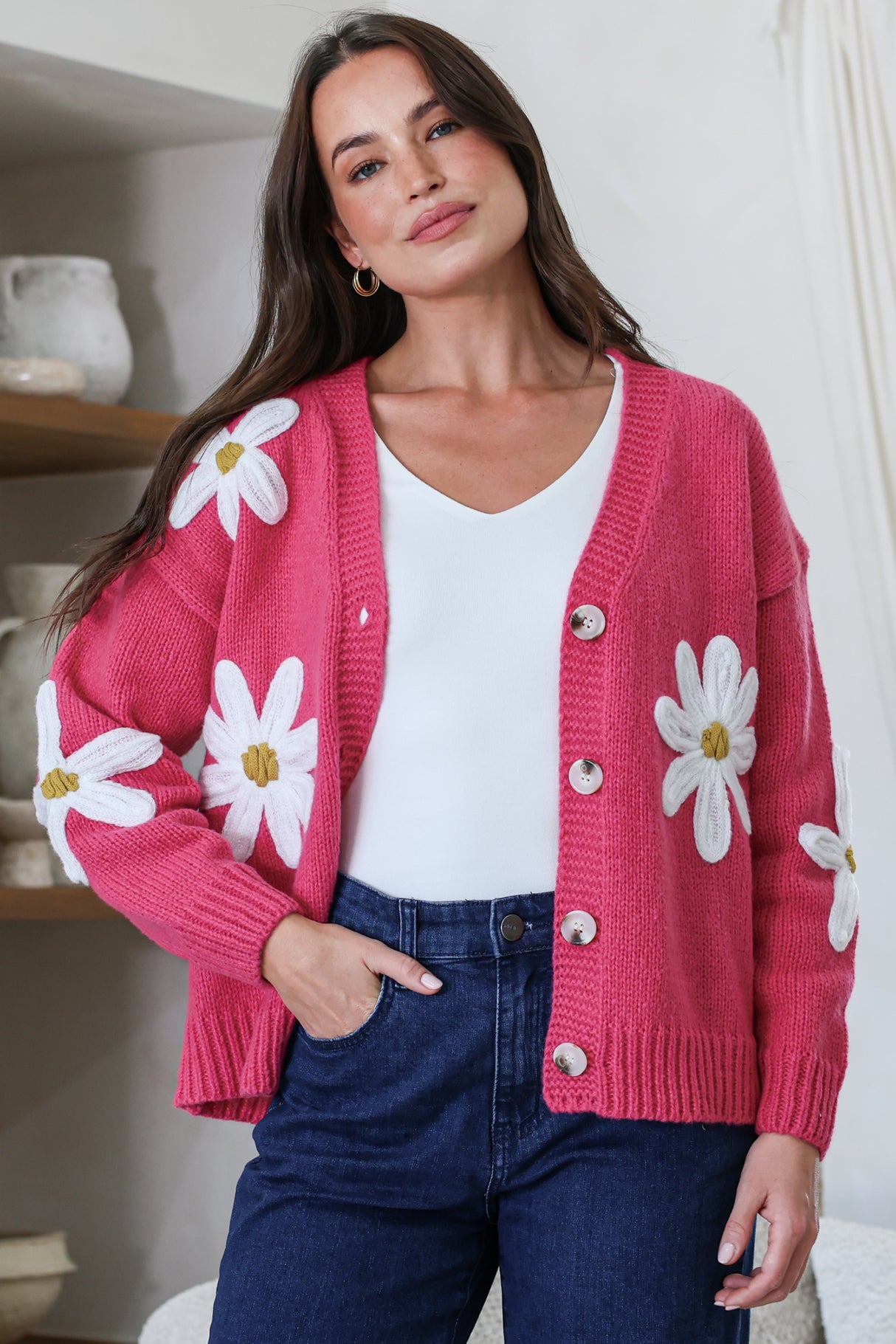 Daisy Belle Cardigan - Cropped Thick Knit Cardigan with Flower Decals in Hot Pink