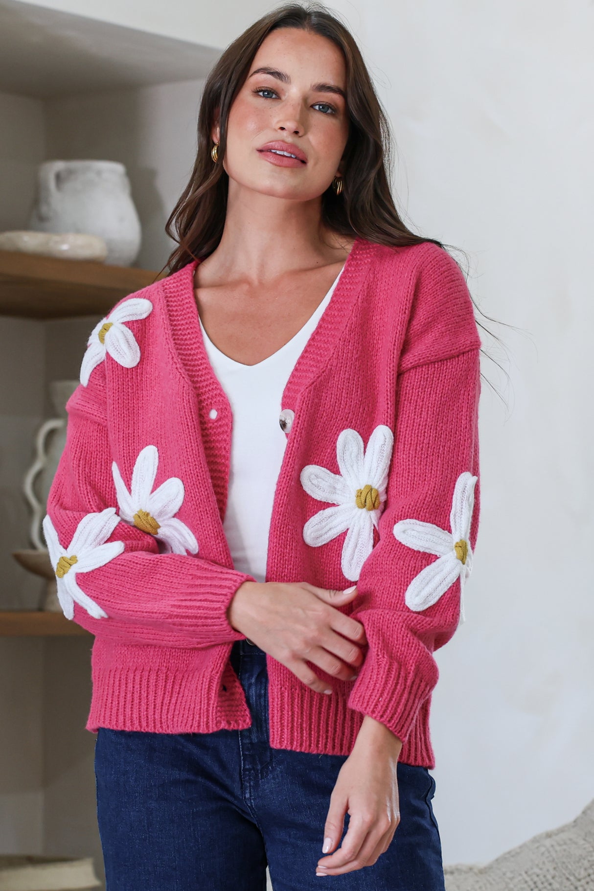 Daisy Belle Cardigan - Cropped Thick Knit Cardigan with Flower Decals in Hot Pink