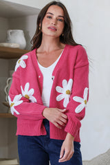 Daisy Belle Cardigan - Cropped Thick Knit Cardigan with Flower Decals in Hot Pink