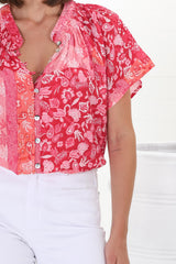 Daisy Blouse - Mandarin Collar Button Down Scoop Hem Blouse in Ita Print Pink