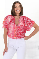 Daisy Blouse - Mandarin Collar Button Down Scoop Hem Blouse in Ita Print Pink