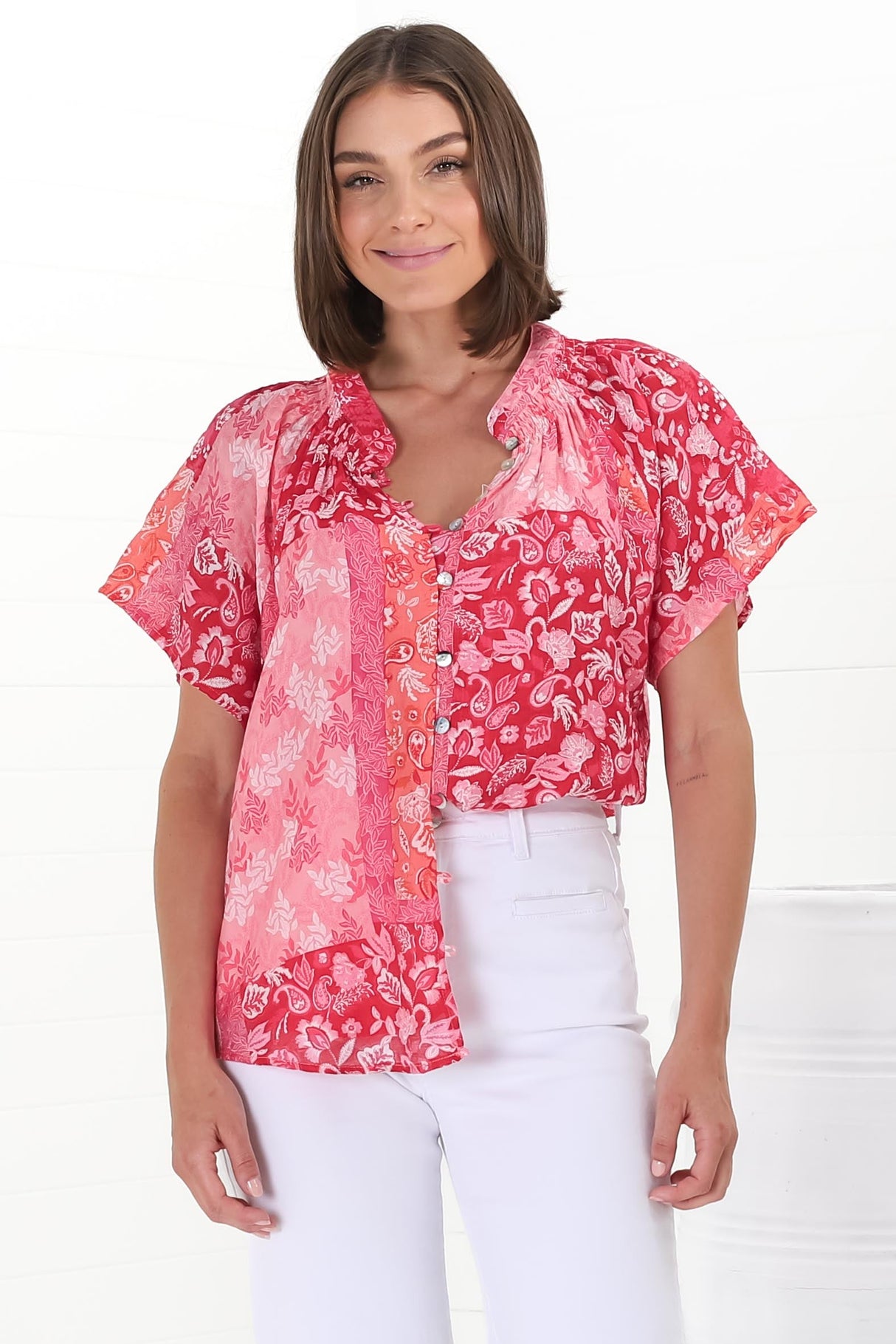 Daisy Blouse - Mandarin Collar Button Down Scoop Hem Blouse in Ita Print Pink