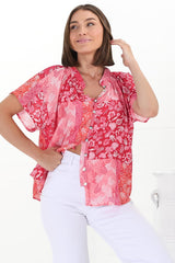 Daisy Blouse - Mandarin Collar Button Down Scoop Hem Blouse in Ita Print Pink