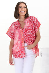 Daisy Blouse - Mandarin Collar Button Down Scoop Hem Blouse in Ita Print Pink