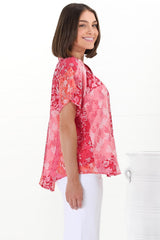 Daisy Blouse - Mandarin Collar Button Down Scoop Hem Blouse in Ita Print Pink