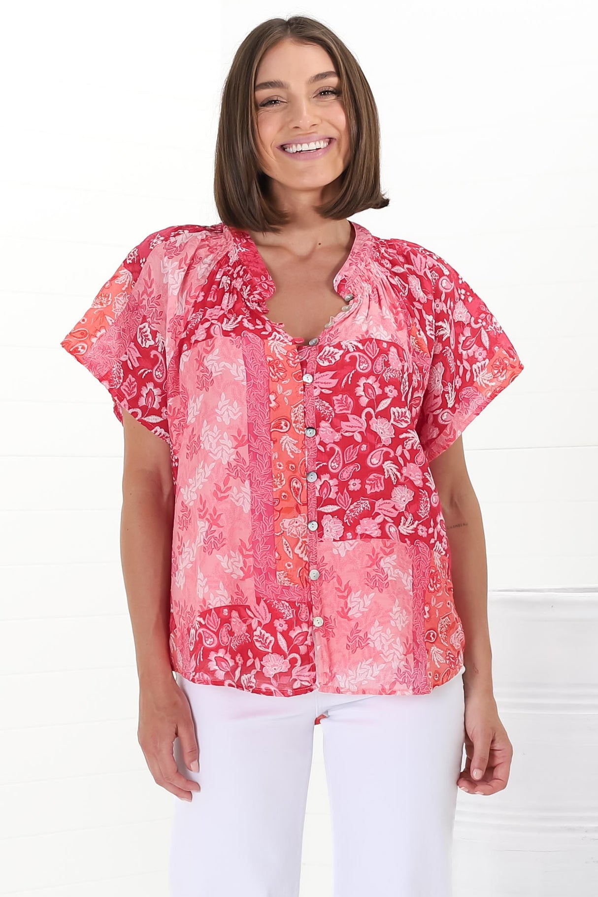 Daisy Blouse - Mandarin Collar Button Down Scoop Hem Blouse in Ita Print Pink