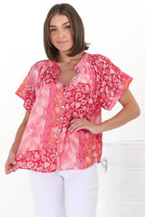 Daisy Blouse - Mandarin Collar Button Down Scoop Hem Blouse in Ita Print Pink